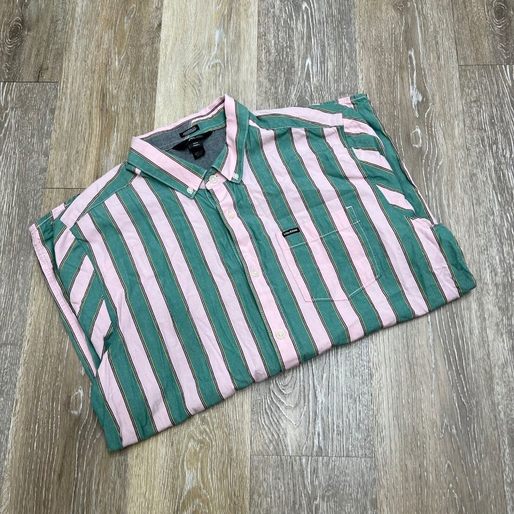 Volcom Modern Fit Button Down Green Striped Casua… - image 1